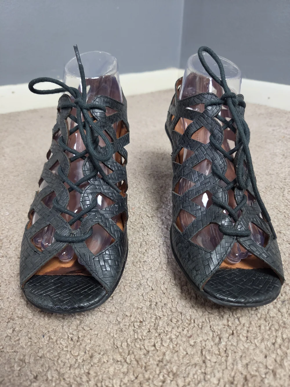 Women's Black Woven Lace-Up Heel - Stylish Cutout Design